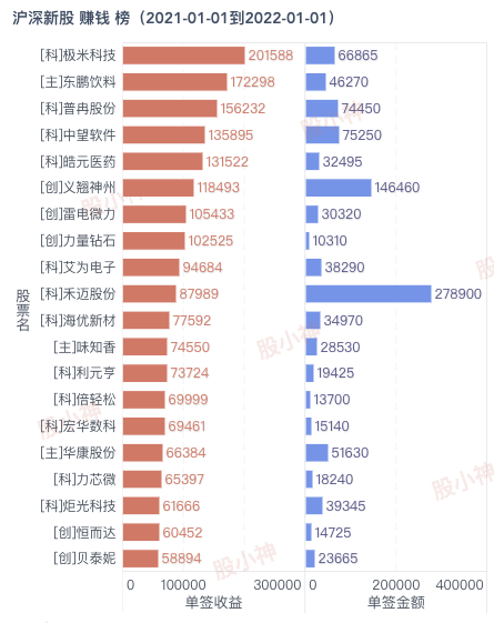 2021年，A股最赚钱新股，TOP20